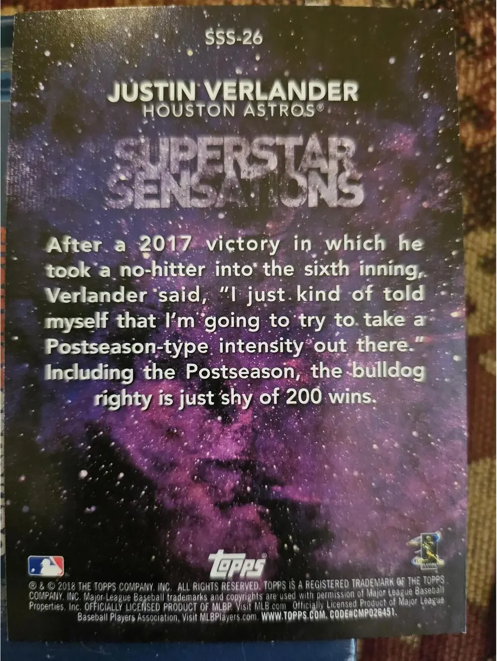 Justin Verlander - 2018 Topps Superstar Sensations Insert #SSS-26 - RAW Mint